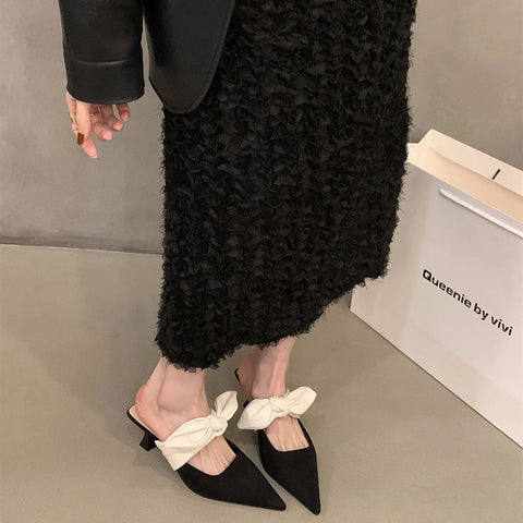 Zapatillas de verano estilo callejero con lazo para mujer, zapatos de mulas de punta puntiaguda a la moda, zapatos sexis para fiesta y graduación 