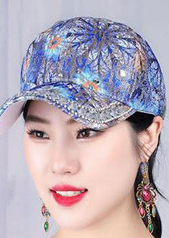 Gorra de béisbol de algodón con parches y estampado de circonitas azules elegantes 