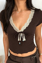 Vintage Lace Beaded Tie V Neck Blouse