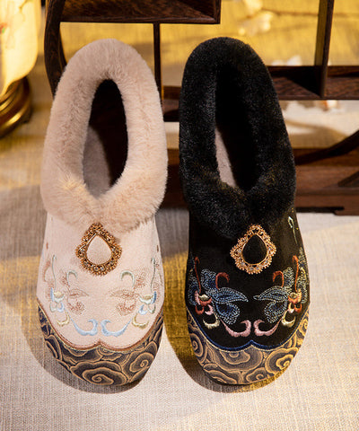 Vintage Embroidery Flat Feet Shoes Black Fuzzy Wool Lined