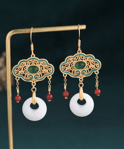 Pendientes colgantes con borla y hebilla de ping, de aleación blanca, con incrustaciones de gemas, jade y esmalte cloisonné. 