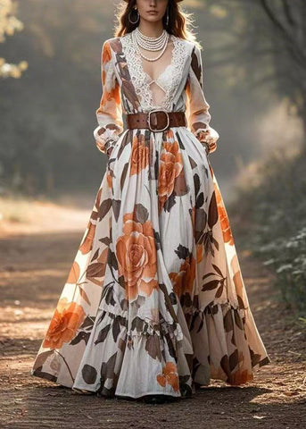 Vestido estilo escote en V con patchwork, encaje y estampado floral, ceñido, primavera 