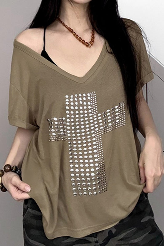 Street Cross Metallic Print Loose Casual T-shirt