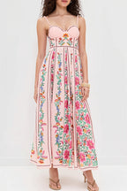 Linen Floral Spaghetti Long Boho Dress