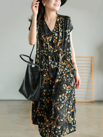 Women Vintage Floral Drawstring V-Neck Loose Dress