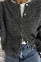 Soft Gray Vintage Shell-Button Knit Cardigan