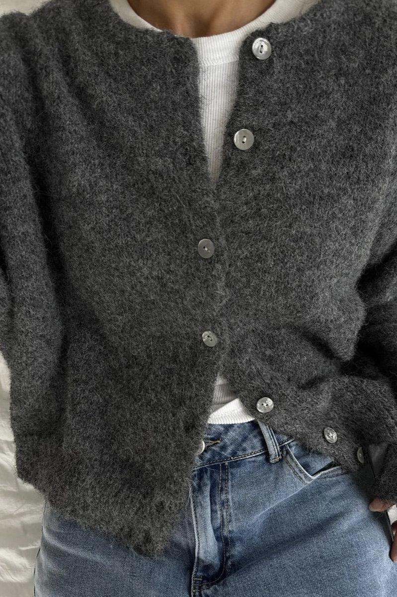 Soft Gray Vintage Shell-Button Knit Cardigan