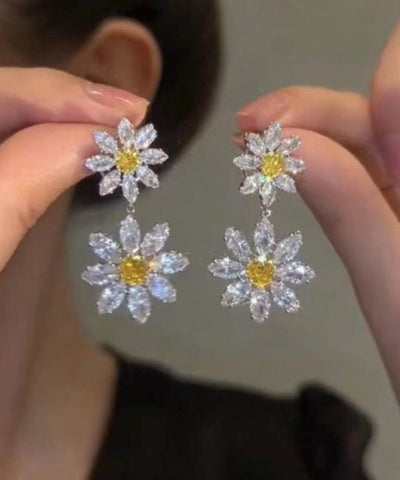 Pendientes colgantes florales de circonita y cristal de aleación blanca para mujer 