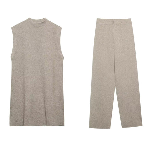 Women French Suit Sleeveless Round Neck Pullover Side Slit Sweater High Waist Casual Pants