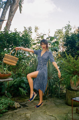 Short Sleeve V-Neck Print Midi Dress Blue