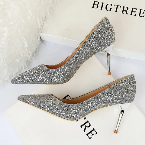 summer new  style sexy nightclub slim heels for women's skinny heels fashion glitter single shoes