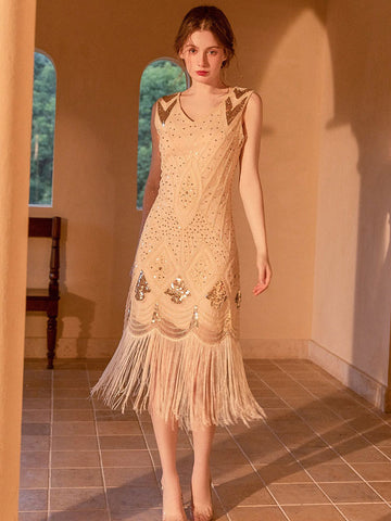 Vestido midi vintage sin mangas con cuello en V y lentejuelas para fiesta de cumpleaños 