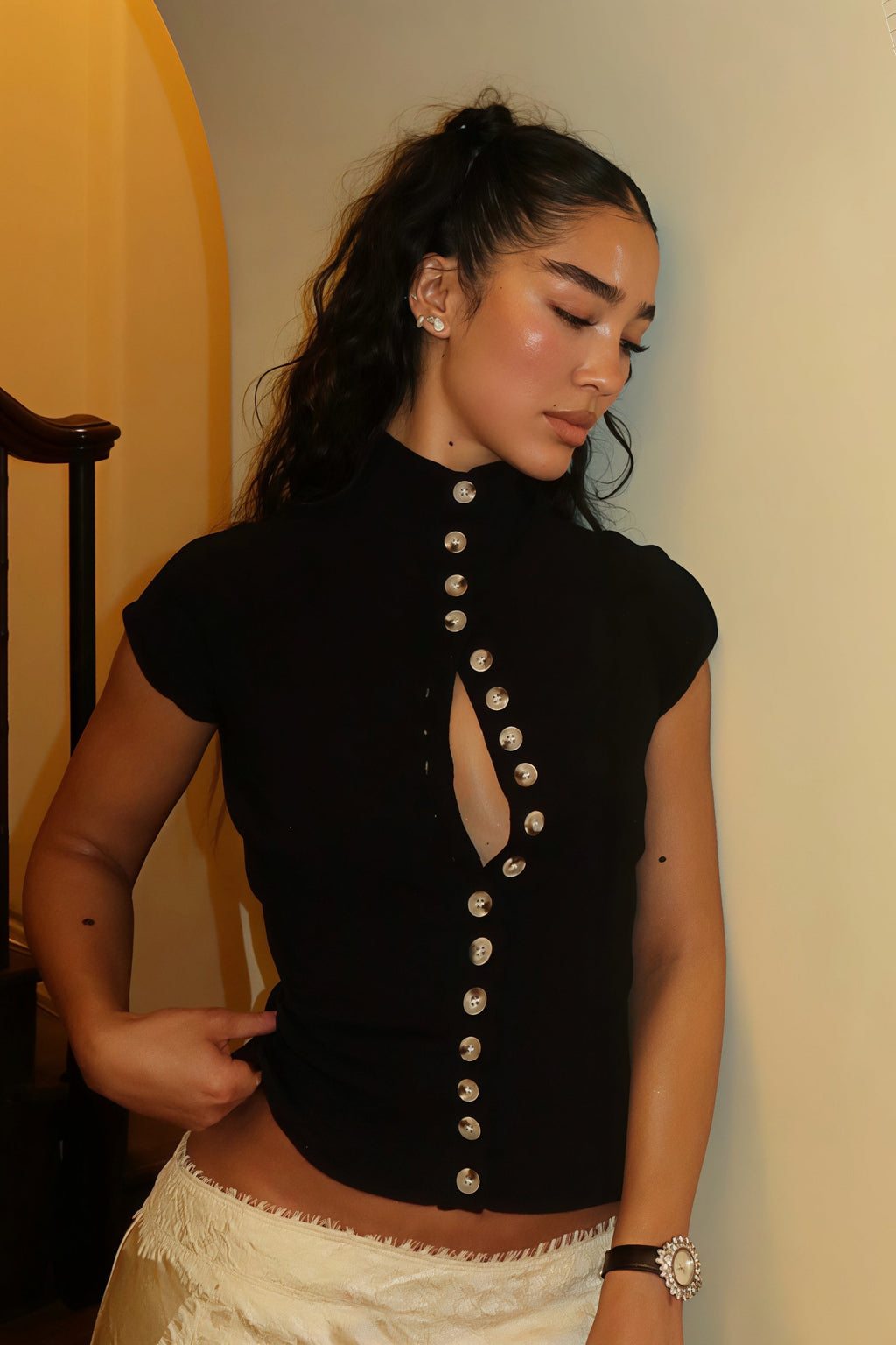 Button Solid Cropped Slim Short Sleeve Blouse