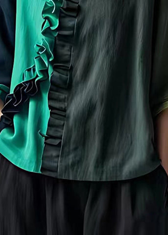 Elegante dunkelgraue Rüschen Patchwork Baumwolle Tops Armband Ärmel 
