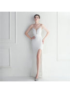 Fashion red carpet formal settings bead chain suspender long evening dress