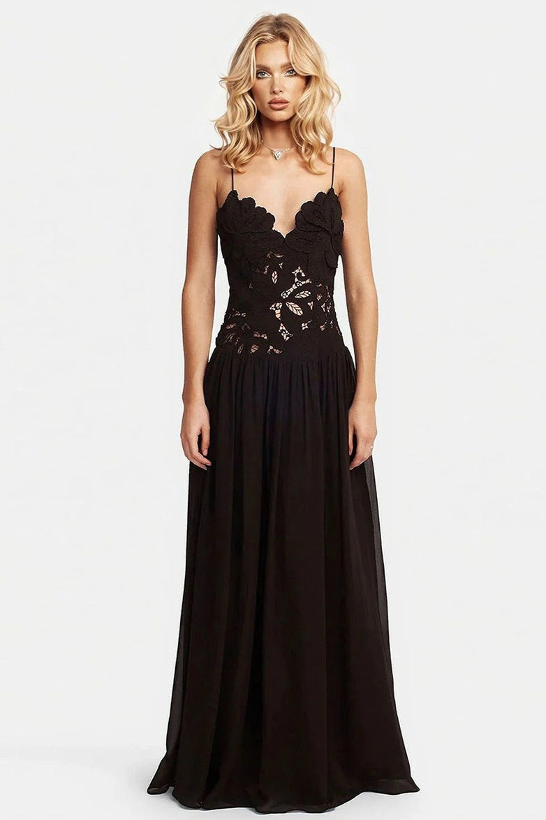 Elegant Lace Hollow Splice Chiffon Dress