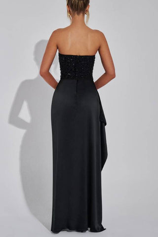 Vestido largo con abertura y volantes en los hombros, de satén, con lentejuelas y patchwork de Increíble Dream 