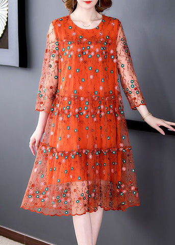 Classy Orange O-Neck Embroideried Tulle Vacation Dresses Bracelet Sleeve
