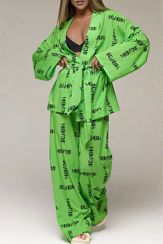 Cárdigan informal de dos piezas con estampado de letras y cuello frenillo, manga larga 