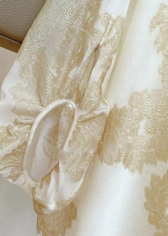 Art Apricot O-Ausschnitt Jacquard Patchwork Seidenblusen Laternenärmel