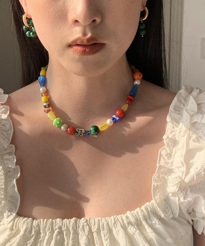 Collar de cuentas asimétricas con gemas y arcoíris en plata de ley dorada para mujer 