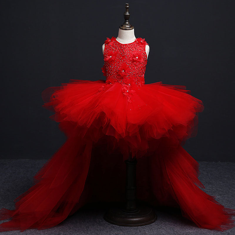 Sommer-Kommunionkleid für Mädchen, ärmellos, Paillettenstickerei, Schleppe, Prinzessinnenkleid 
