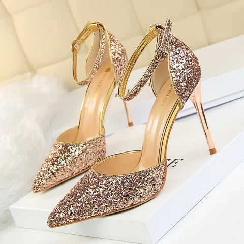 summer new European style stiletto heels shallow mouth pointed head sequins sexy nightclub show thin sandals for women