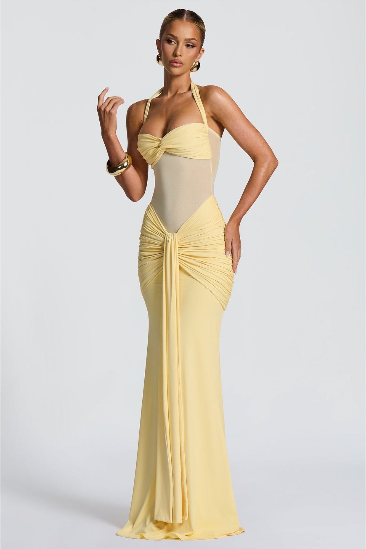 Sheer Mesh Sash Bodycon Maxi Dress