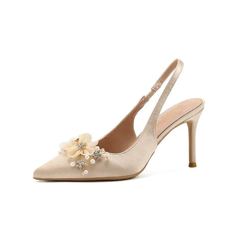 New Silk Champagne High Heels Thin Heels Pointed Toe Shallow Mouth  Back Hollow French Sandals Pearl Flower Wedding Shoes