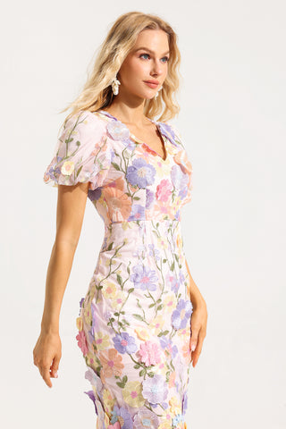 Vestido midi con cuello en V y mangas abullonadas bordadas 