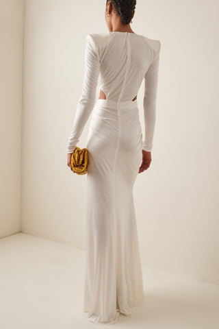 Vestido midi liso con abertura y manga larga con escote en V 
