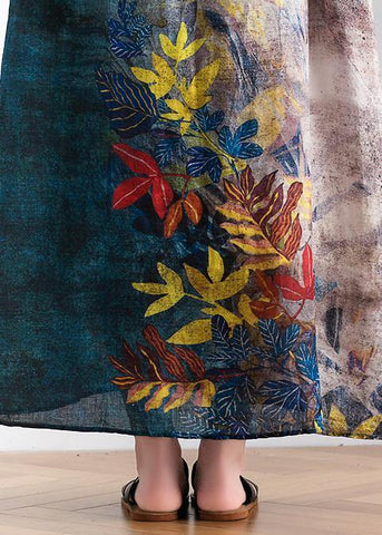Retro style silk dress linen dress gray leaf print loose simple tie waist dress