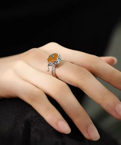 Anillos retro de jade y turquesa en plata de ley amarilla 