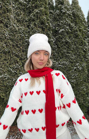 Suéter de punto con rayas de corazón rojo Lovey 