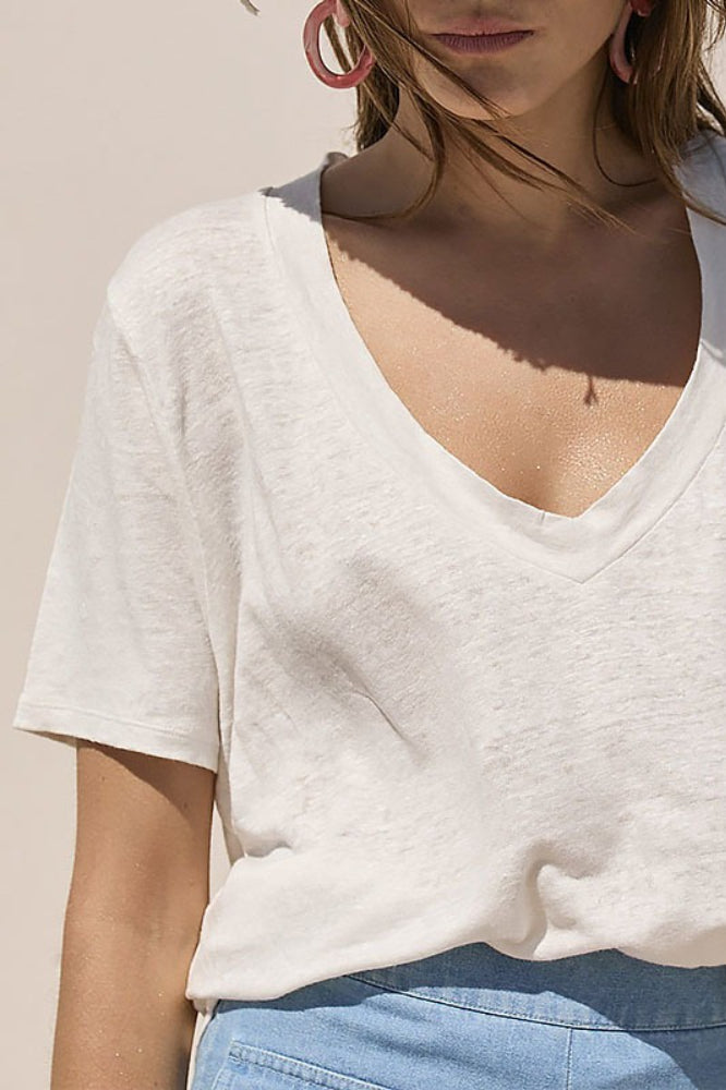 Minimalist Solid Deep V Neck Slub Cotton Loose T-shirt