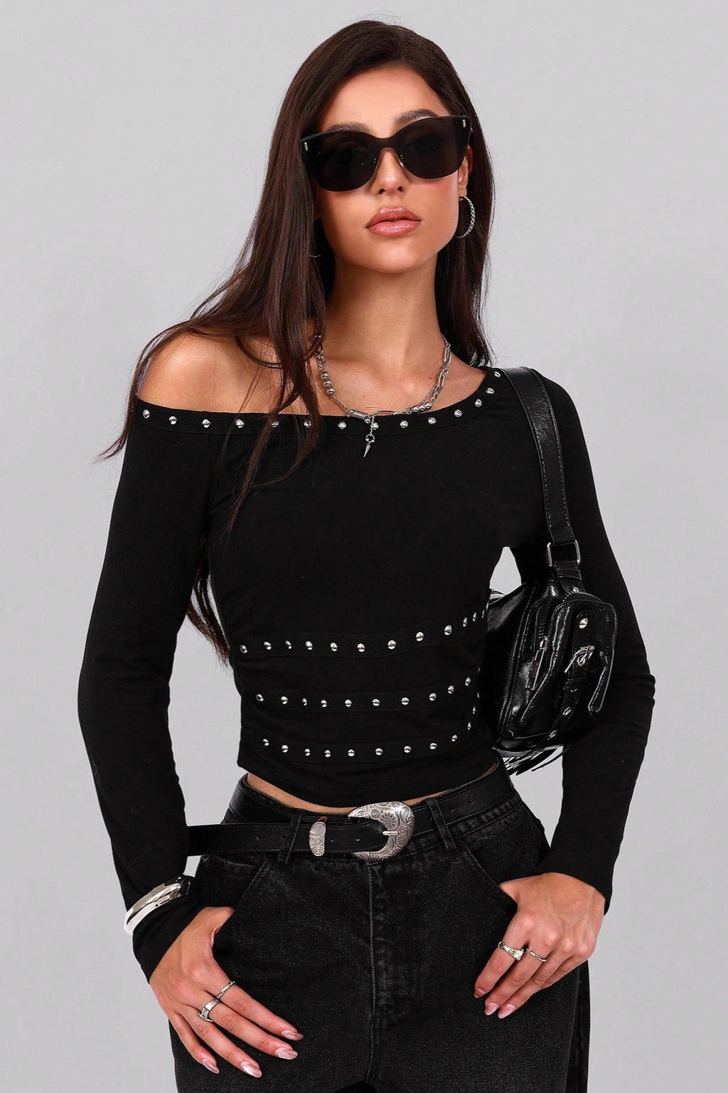 Asymmetric Shoulder Metal Stud Blouse
