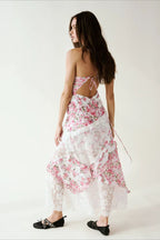 Deep V Ruffle Floral Lace Patchwork Cami Maxi Dress