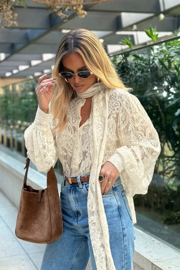 Elegant Tie Sheer Lace Long Sleeve Blouse
