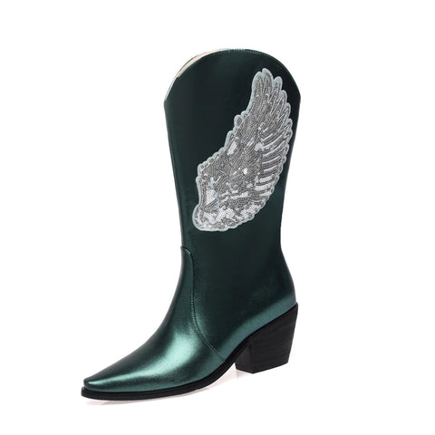 - Botas de mujer de talla grande con diseño de alas de ángel brillantes, lentejuelas, de longitud media, punta estrecha, tacones gruesos y cónicos, botines de baile sin cordones, color plateado 