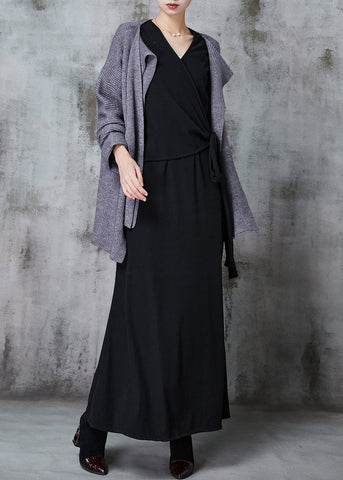 Taillierte graue asymmetrische Strickjacke und Kleid mit schlichter Passform, zweiteiliges Set für den Frühling 