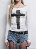 Dark Casual Printed Gothic Slim O-Neck Knit Top