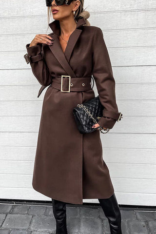 Style Expedition – Midi-Trenchcoat aus Wolle mit Gürtel und Metallknöpfen am Revers 
