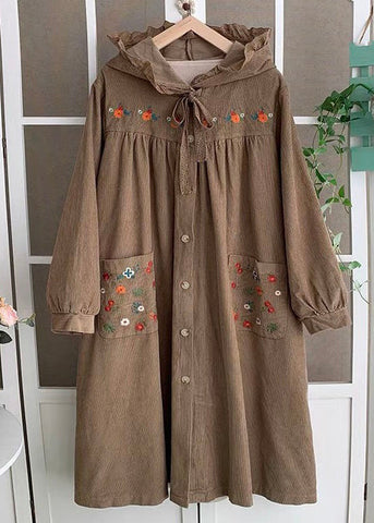 Plus Size Rosa Kapuze bestickt Schnürung Baumwolle lange Mäntel Frühling 