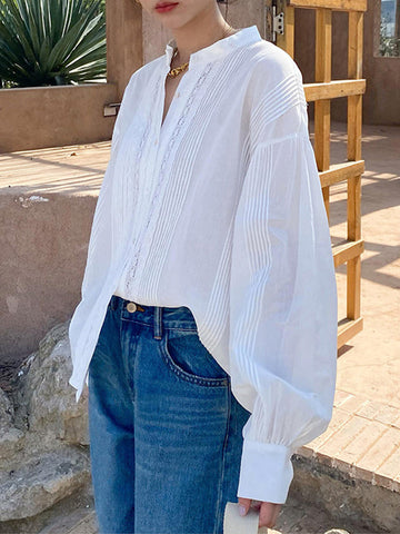 Long Sleeves Loose Buttoned Pleated Solid Color Split-Joint Stand Collar Blouses&Shirts Tops
