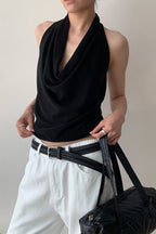 Elegant Solid Draped Neck Halter Top