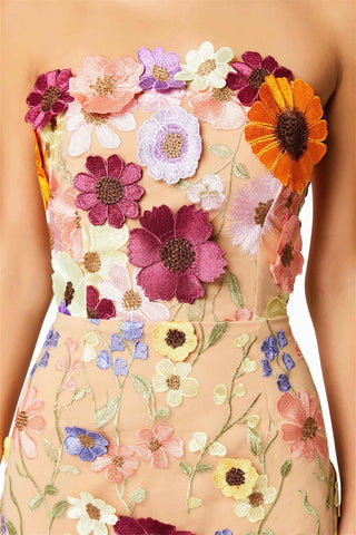 Vestido midi sin tirantes con bordado floral Belle 