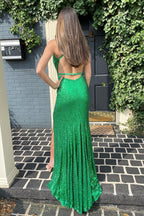 Langes, grünes Pailletten-Abendkleid im Meerjungfrauenstil mit tiefem V-Ausschnitt und Schlitz vorne