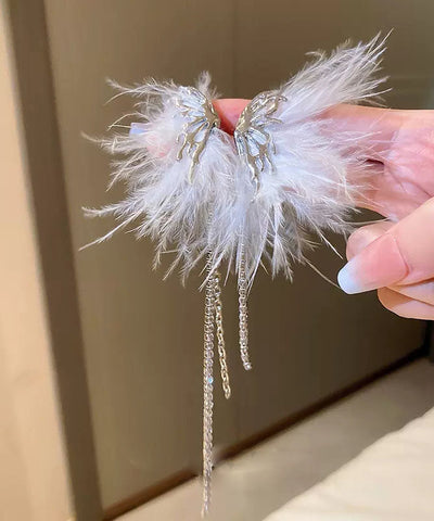 Pendientes colgantes con borlas y plumas de mariposa de circonita de aleación blanca a la moda 