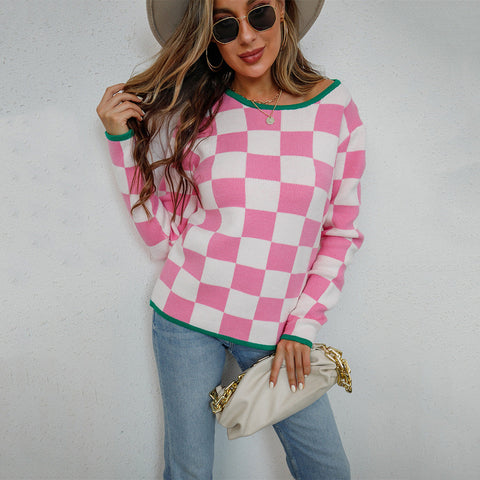 Frühherbst Pullover Plaid Colorblock Pullover Rundhals Top Strickwaren Bottoming Shirt 