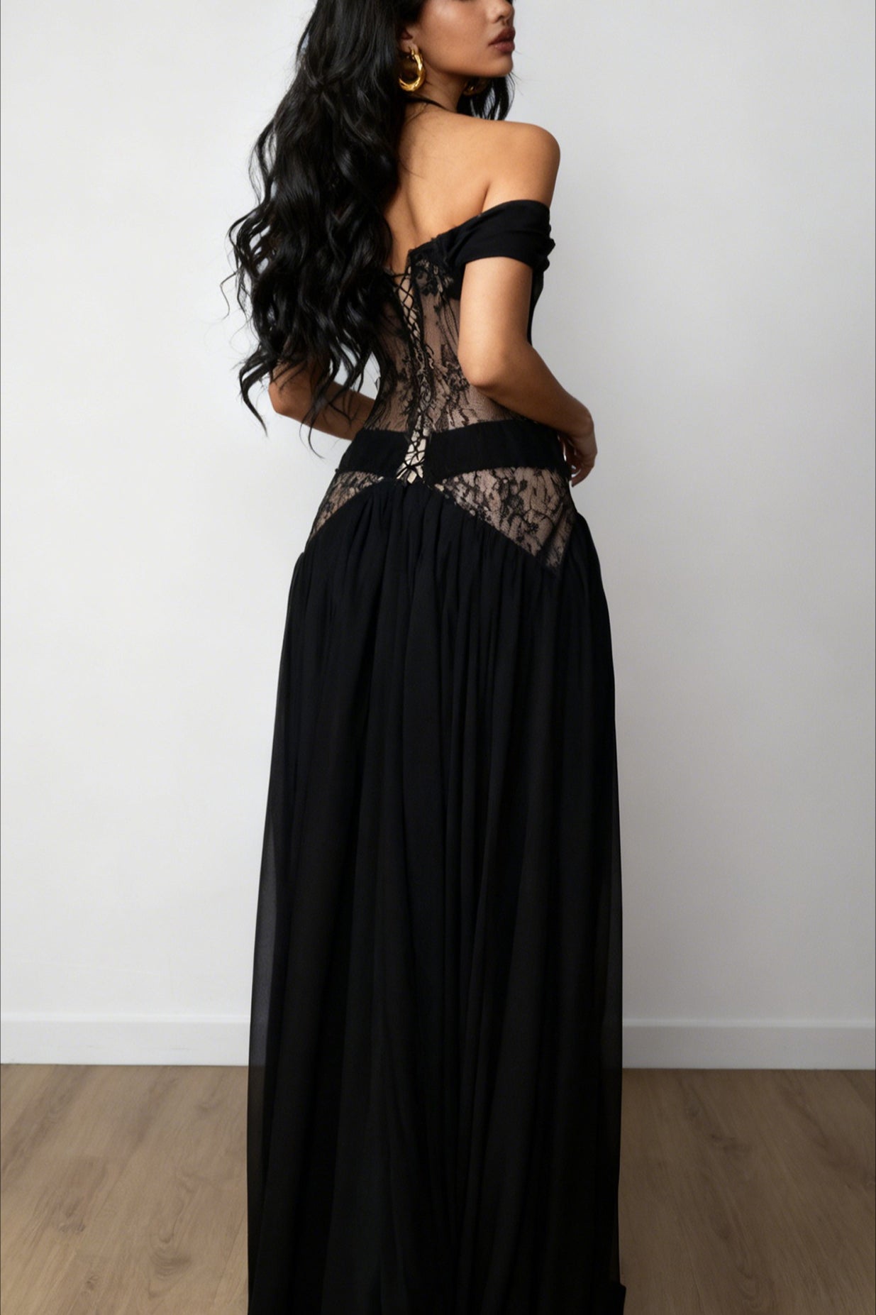Draped Off Shoulder Lace Slit Maxi Dress